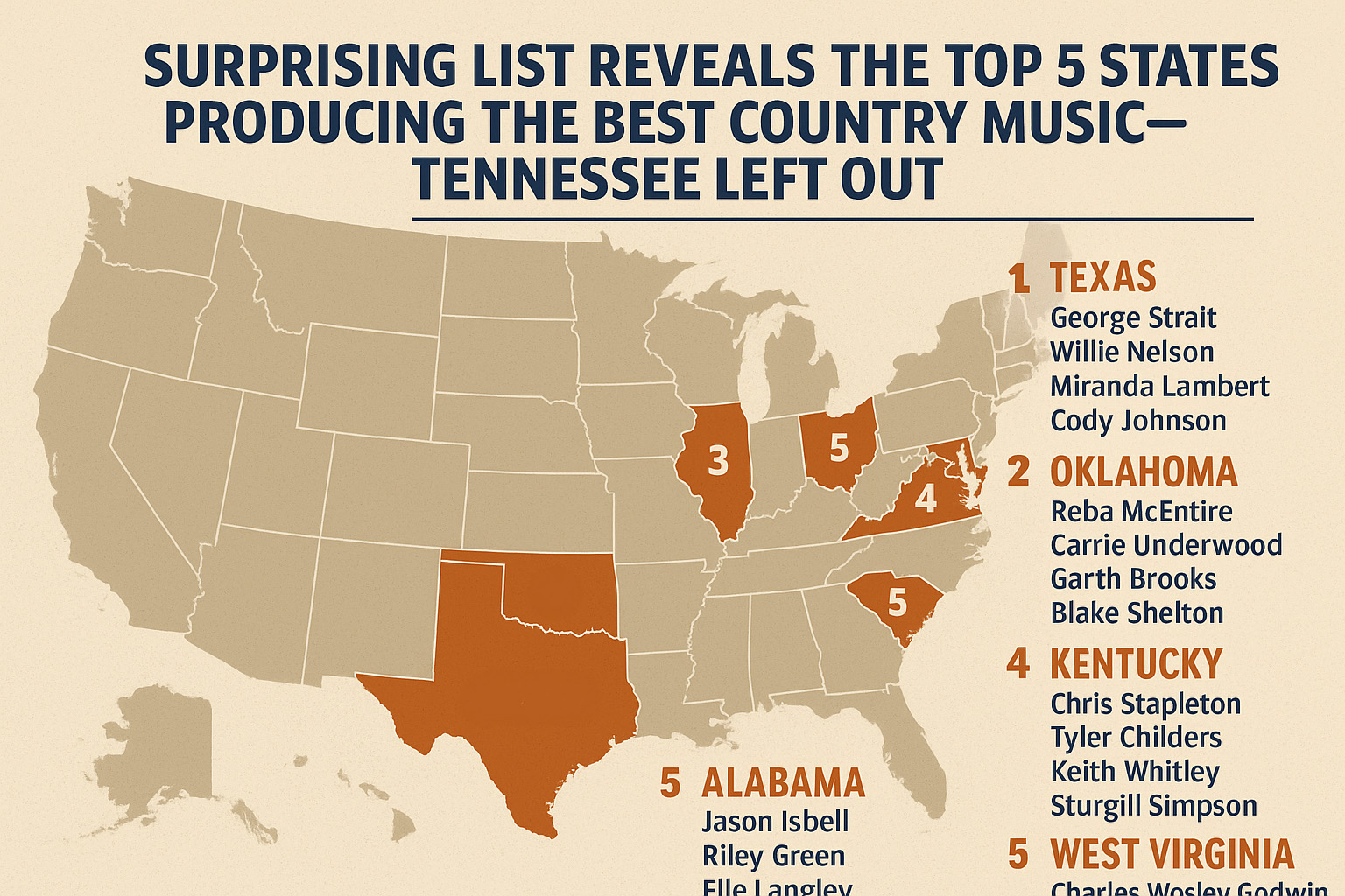 Surprising List Reveals the Top 5 States Producing the Best Country Music—Tennessee Left Out